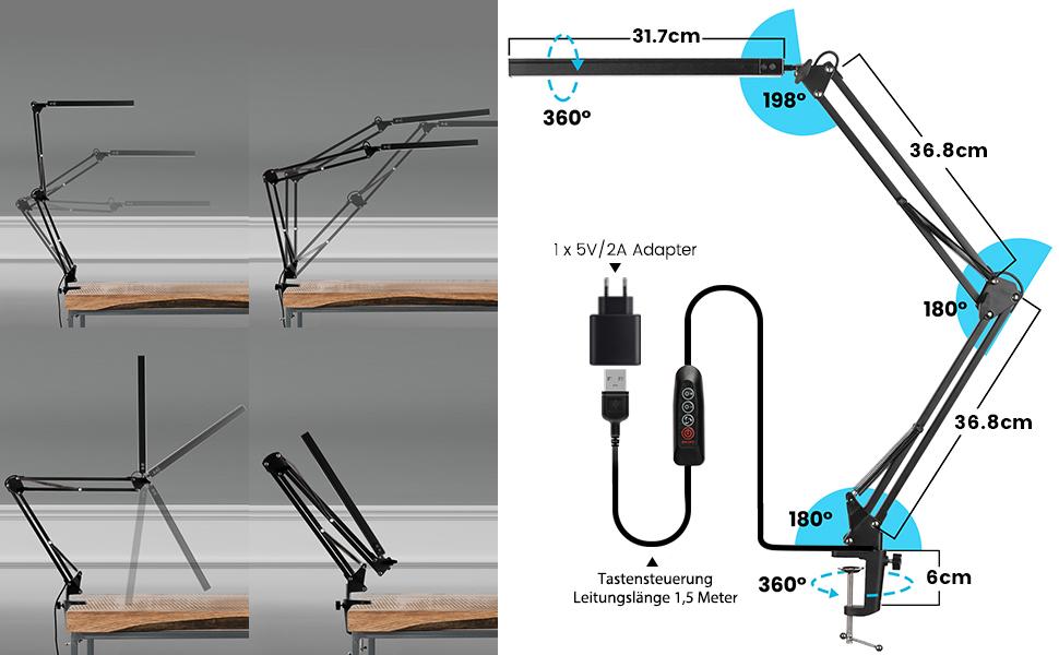 Світлодіодна настільна лампа з затискачем, 14 Вт затискна лампа з гусячою шиєю, робоча лампа для архітекторів 1100 лм 5 кольорів X 10 рівнів яскравості з регульованою яскравістю, затискна лампа для захисту очей, Офісна настільна лампа, чорний (поворотний кронштейн чорного кольору)