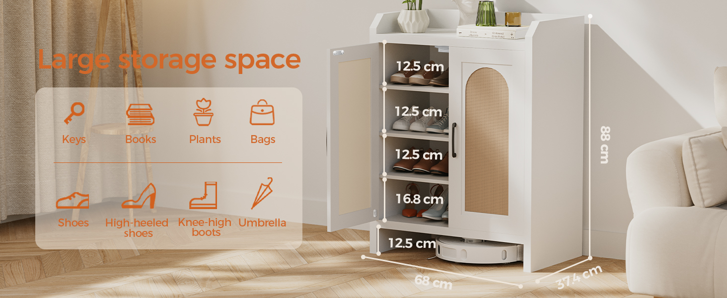 Шафа для взуття 5-ярусна в стилі ф armhouse з 2 дверцятами, вільного стояння з регульованими полицями та металевими кутовими прикрасами для передпокою та коридору, білий колір (ротанг, білий)