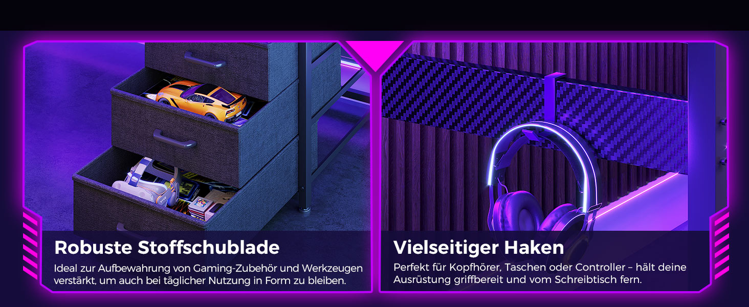 Ігровий стіл Coleshome з полицею та шухлядами, 137x48 см. Стіл для геймінгу з LED-підсвічуванням та розеткою, комп'ютерний стіл з місцями для зберігання та підставкою для монітора.