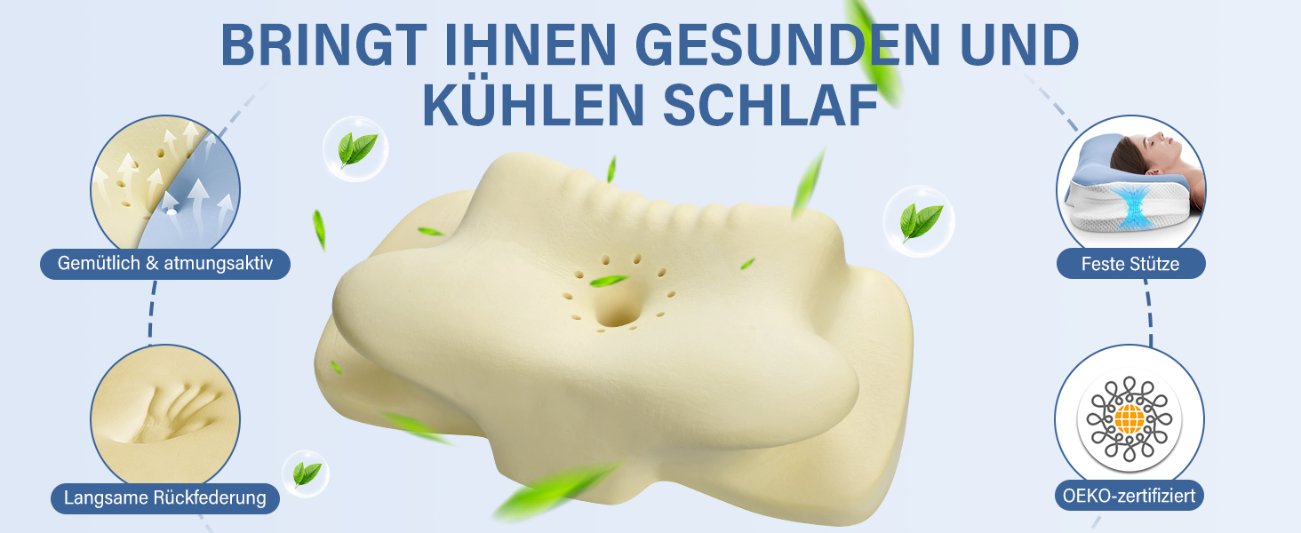 Подушка для шиї з піною з пам'яті, дихаюча, ергономічна, 65x37x10/12 см (Блакитна)