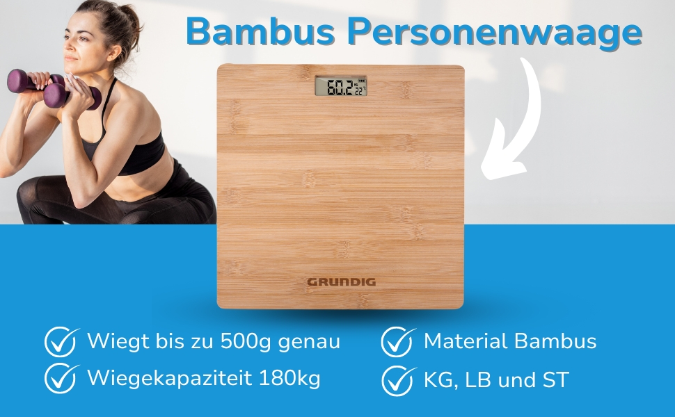 Цифрові ваги для ванної кімнати Grundig 180 кг - Ваги для тіла з кроком 50 грам - Ваги для людей з 2 одиницями виміру - Великий дисплей за шкалою Weigth з дисплеєм кімнатної температури - (колір дерева)