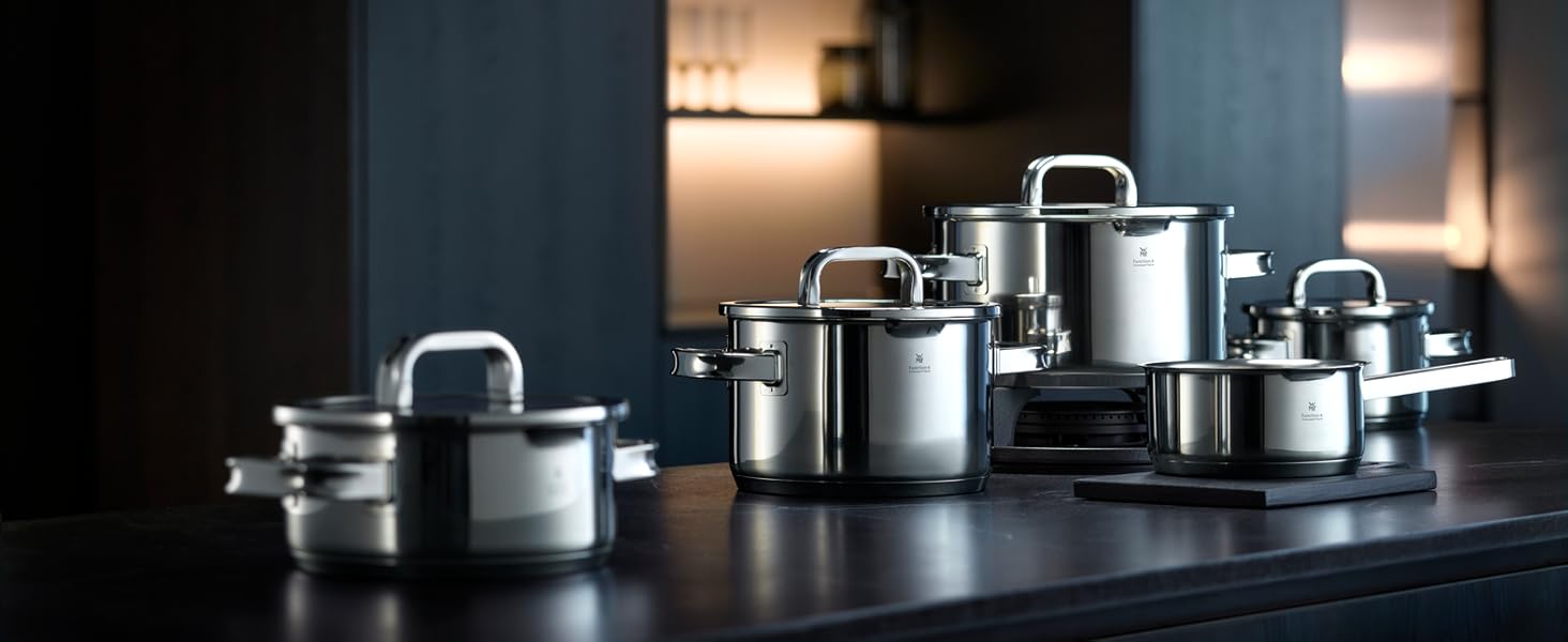 Каструля WMF Function 4 з нержавіючої сталі 16 см з кришкою, 1,4 л, для індукції, Cromargan, 4 функції зливу, мірна шкала, срібна