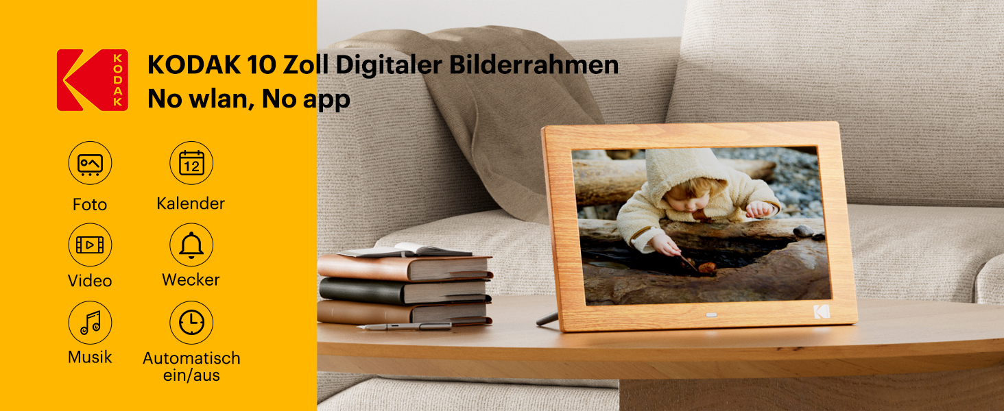 Цифровий фотоальбом KODAK 10 дюймів з пультом, без Wi-Fi, IPS-дисплей 1280x800, відтворення фото/відео/музики, USB/SD, дерев'яний корпус
