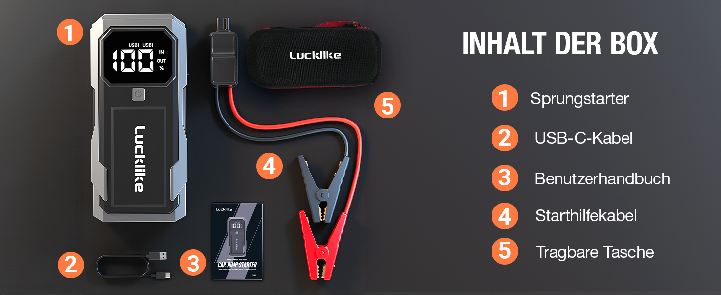 Бустер акумулятора Lucklike 5000A: Потужний пусковий пристрій (Powerbank) для авто (до 10.0л бензин / 8.0л дизель), 12V літієвий пускач з LED-ліхтарем, сріблястий