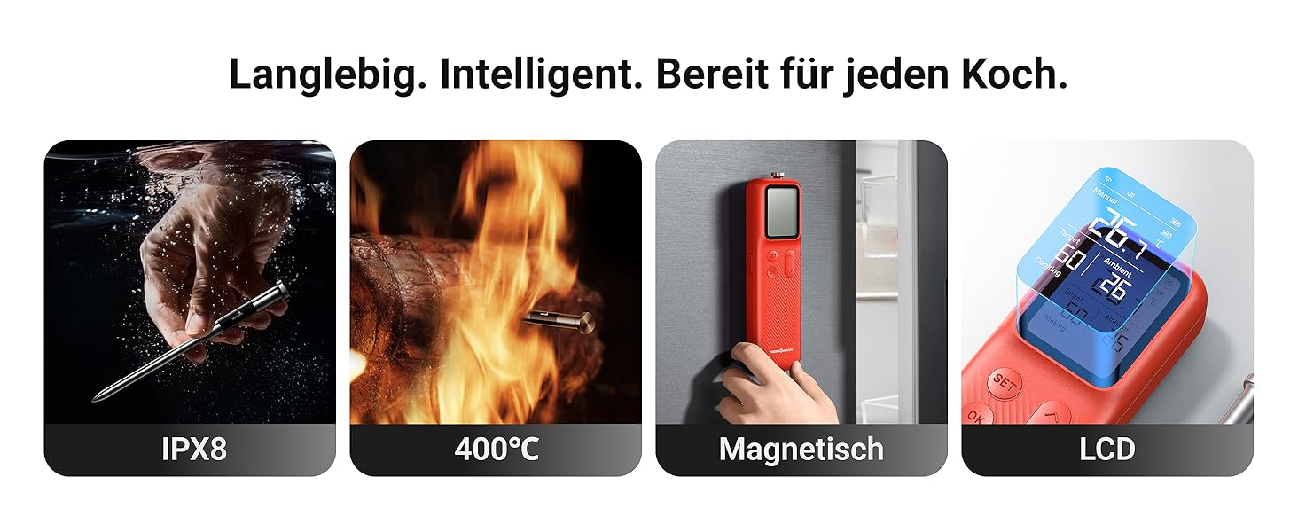 ThermoMaven P2 Розумний термометр для м'яса з Bluetooth 5.3, 6 датчиків, Wi-Fi моніторинг, водонепроникний IPX8, для гриля, духовки, кухні, фритюрниці (1 зонд)