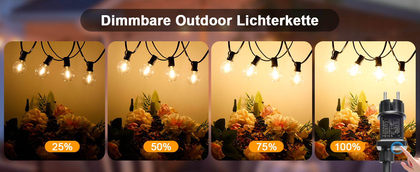 LED гірлянда зовнішня 10м, диммер, таймер, G40, теплий білий, IP44, для саду, балкона, вечірки