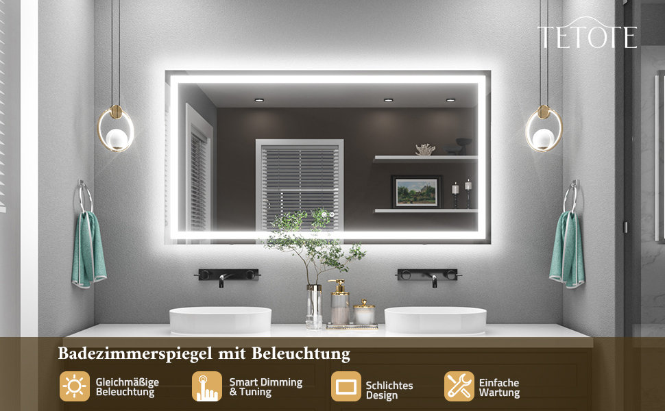 Дзеркало для ванної кімнати TETOTE з підсвічуванням 90x90 см, без рами, LED-touch, 3 кольори, регулювання яскравості, функція пам'яті