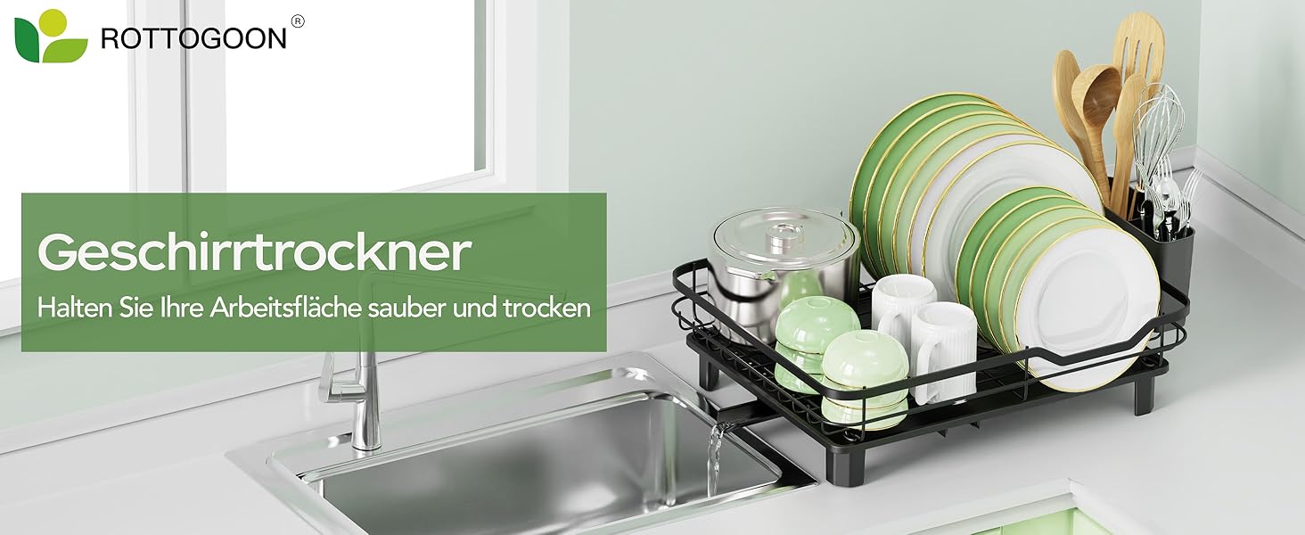 Сушарка для посуду ROTTOGOON розширювана, нержавіюча сталь, з висувним носиком та відділенням для столових приладів, чорна (1-рівнева)