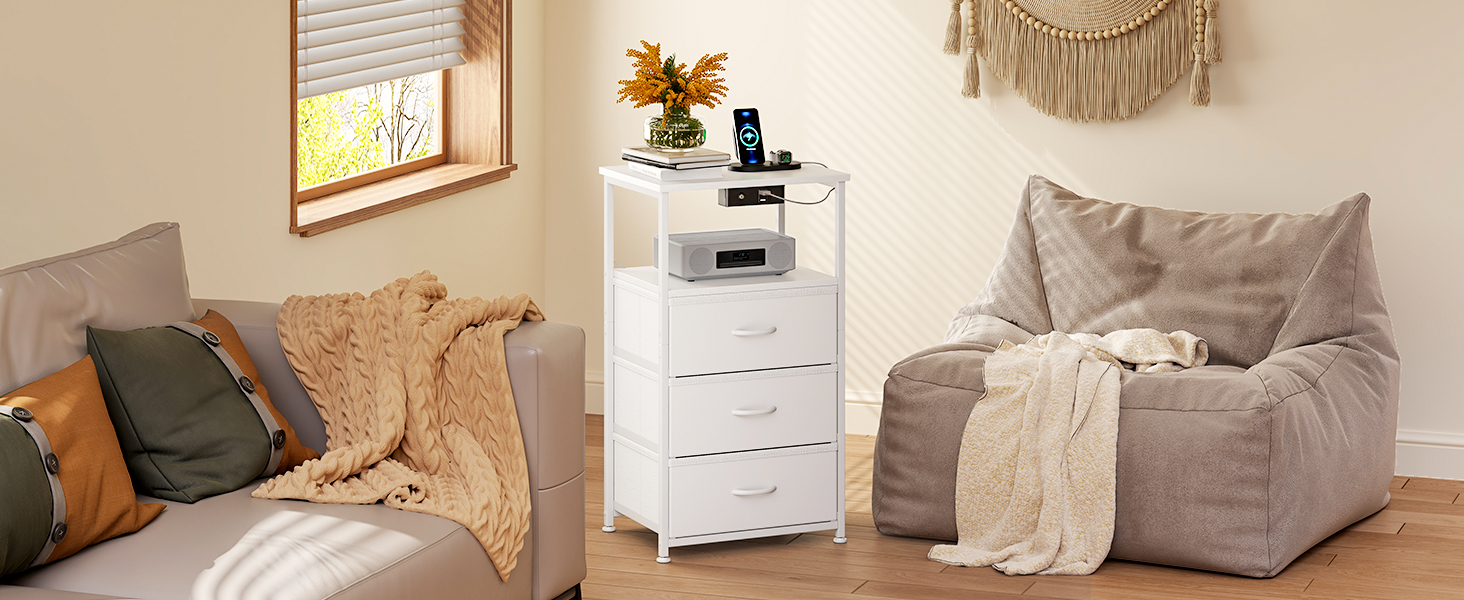 Приліжкова тумбочка Coleshome біла з розеткою, 2 USB, LED-підсвіткою, 3 висувними ящиками та місцем для зберігання, 40x30x70 см