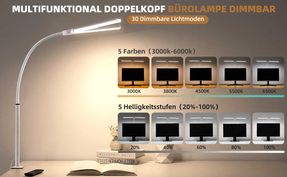 LED лампа настільна диммерна з пульт, 5 кольорів та 5 рівнів яскравості, пам'ять, для офісу та дому