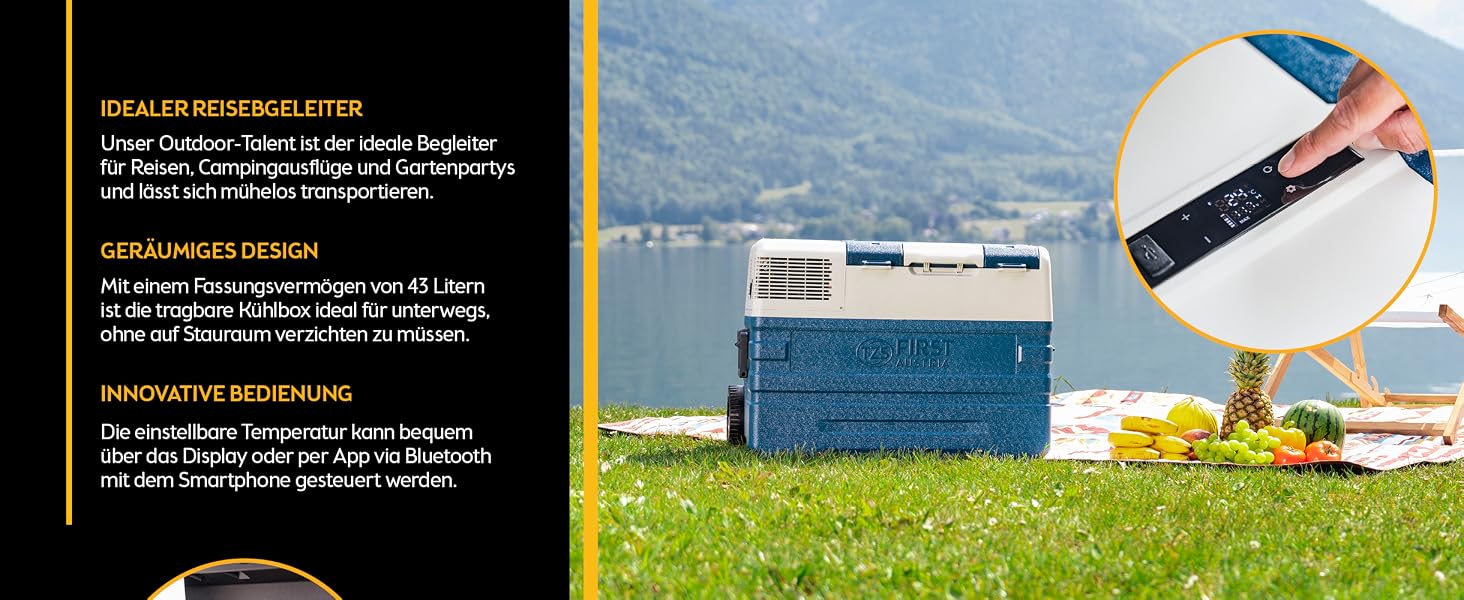 Автомобільний холодильник First Austria 43L з Bluetooth, -20°C, 12/24V/220V - блакитно-сірий