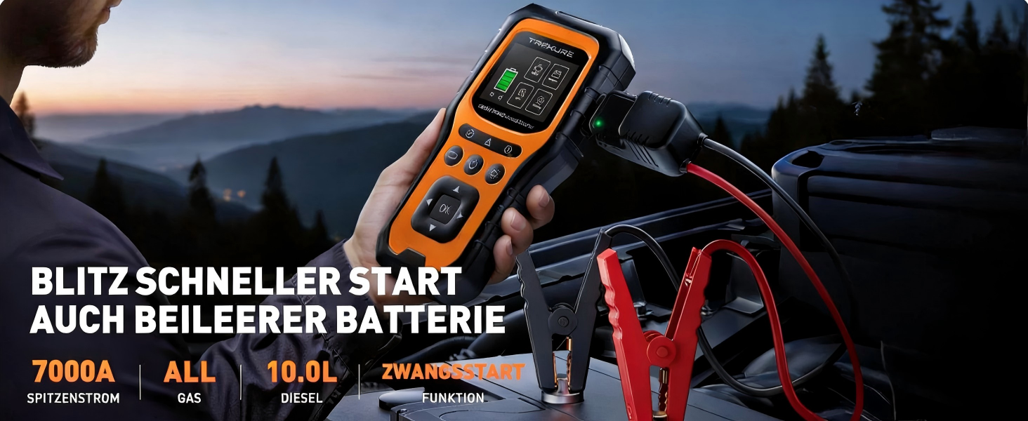 Бустер для авто TREKURE 7000A: Пусковий пристрій 12V з тестером акумулятора та OBD2 діагностикою для бензинових та дизельних двигунів до 10.0L, з LED-ліхтарем