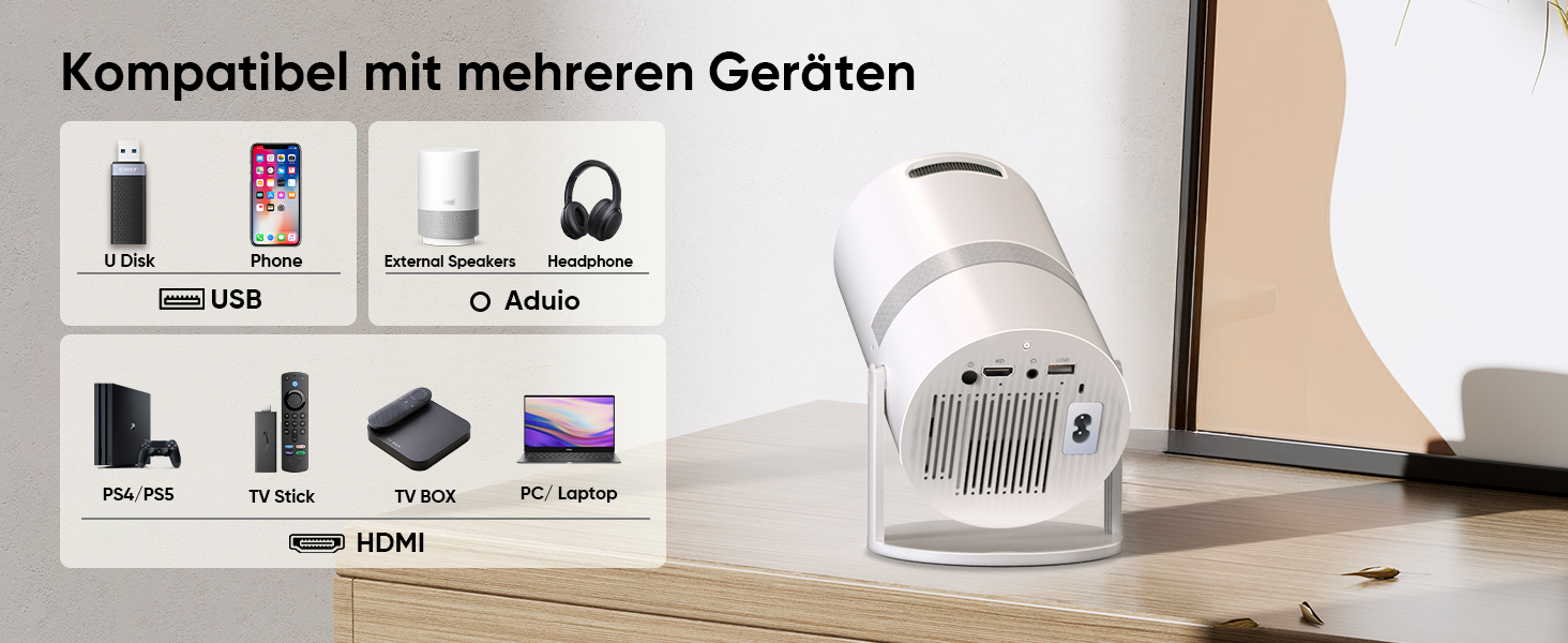 Міні-проектор Smart Beamer з Android OS, WiFi 6 та Bluetooth, Full HD 1080P, поворот на 210°, автокоррекція трапеції та 50% зум для дому та вулиці