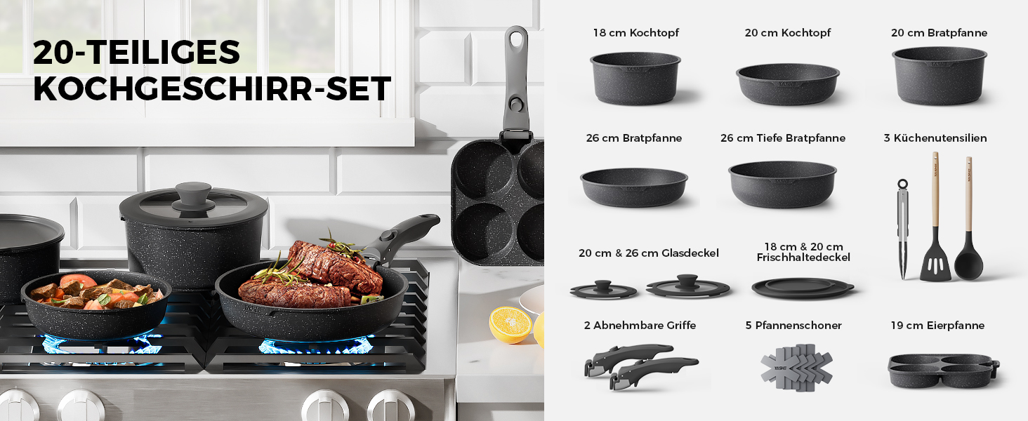 Набір каструль та сковорідок YASHE 20 предметів з знімними ручками, антипригарне покриття, для індукційних плит, термостійкий до 230°C, можна мити в посудомийній машині, складається, сірий та білий (сірий)