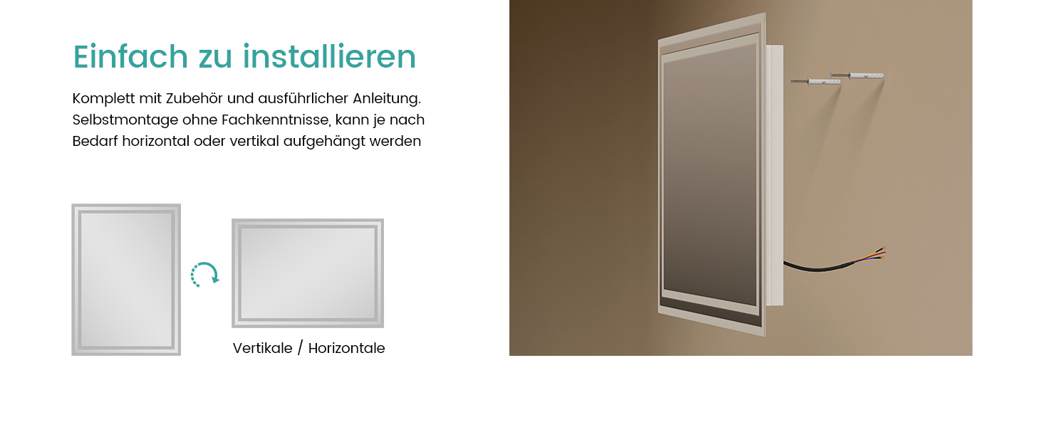 Дзеркало для ванної кімнати EMKE з підсвічуванням 120x60 см, тепле біле світло 3000K, вимикач, матовий бортик 2.70 x 50 см