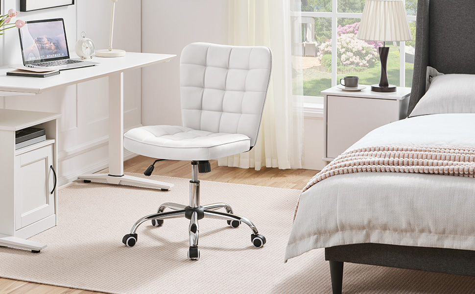 Крісло офісне Yaheetech без підлокітників, обертове, регульоване по висоті, на роликах, штучна шкіра, біле