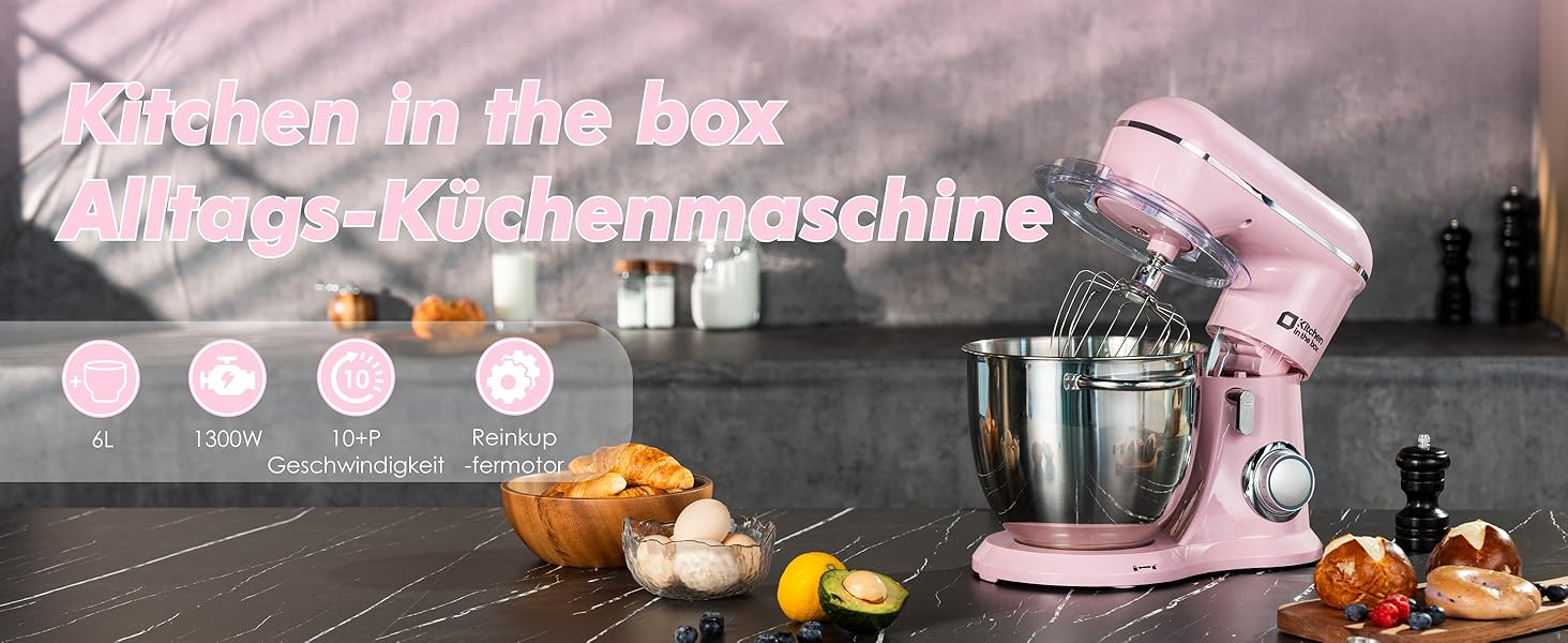 Кухонна машина Kitchen in the box рожевого кольору 6 л з 2 чашами по 3,5 л, 10 швидкостей, міксер з гаками та вінчиками