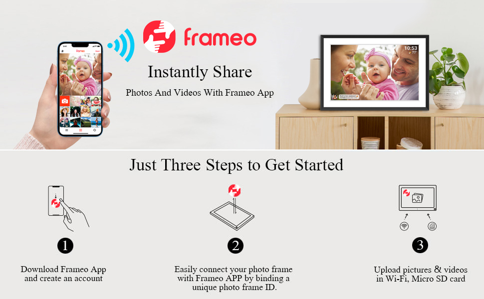Цифровий фоторамка Frameo з Wi-Fi, 10.1 дюйма, 32GB, сенсорний екран, авто-обертання, підтримка Frameo App