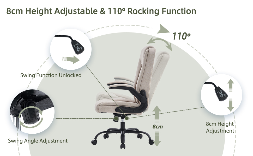 CASTLOVE Ергономічне крісло для офісу, комп'ютерне крісло, крісло для начальника з підйомними підлокітниками, висока спинка, функція гойдання, регульована висота, зручне, офісне крісло для дому, офісу, тканина, кремовий колір