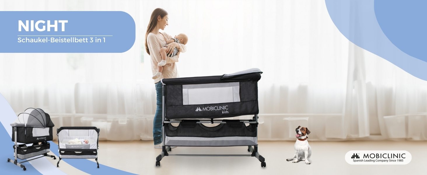 Дитяче ліжко Mobiclinic® 3-в-1: ліжко-гойдалка, ліжко-манежа, ліжко-бічне, чорне, до 20 кг