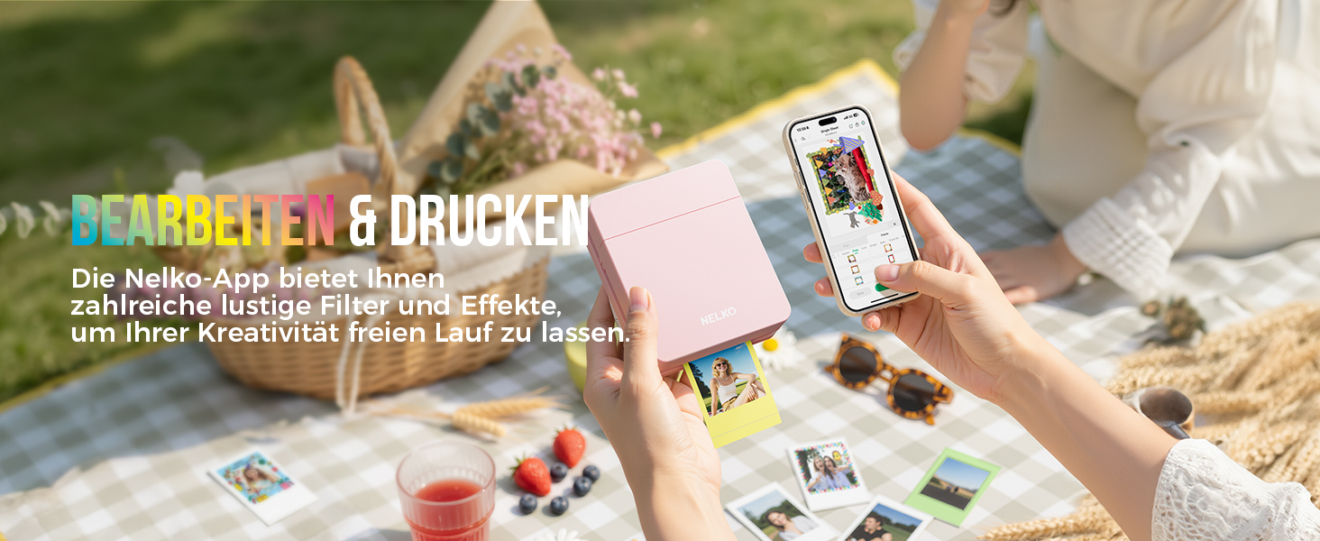 Портативний міні-фотопринтер Nelko PP01: кольоровий, для смартфонів iOS & Android, з 20 фотопапером, наклейки, рожевий