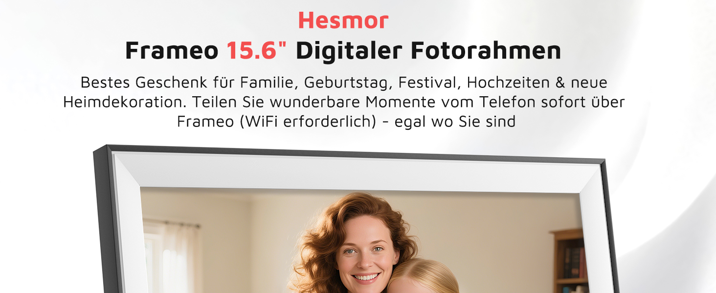 Цифровий фоторамка Hesmor 15.6 дюймів з Wi-Fi, FHD 1920*1080, IPS, сенсорний екран, 32GB, автоповорот, Frameo App