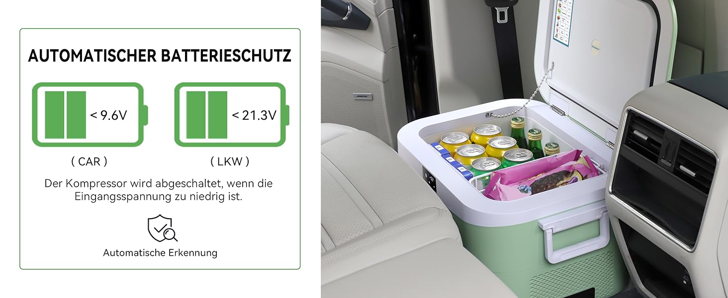 BINGI Kompressor Кулер-холодильник для автомобіля 12/24V, 230V AC. Міні-морозильник для авто, кемпінгу, дому. Об'єм 12.8 л, зелений. Діапазон температур: 15°C - -18°C