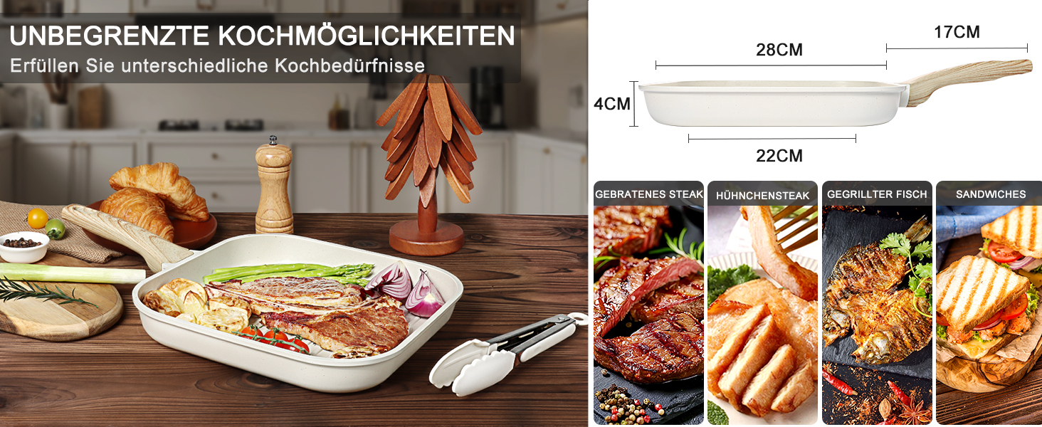 Сковорода-гриль GiPP 28x28 см, для стейків, індукційна, з алюмінію з гранітною антипригарним покриттям, без PFOA, для всіх типів плит, легко миється, біла