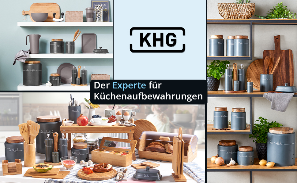 Набір для зберігання картоплі, цибулі та часнику KHG, 3 шт., кераміка, бамбукові кришки, сірий антрацит, об'єм 3 л та 1,5 л