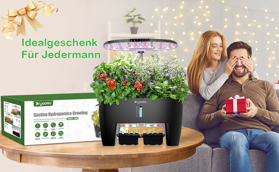 Гідропонна система вирощування: 8 горщиків, 24W LED лампа повного спектру з сигналом про нестачу води | Внутрішній сад для кухні, вітальні, школи | Подарунок для любителів садівництва (16 горщиків - Чорний)