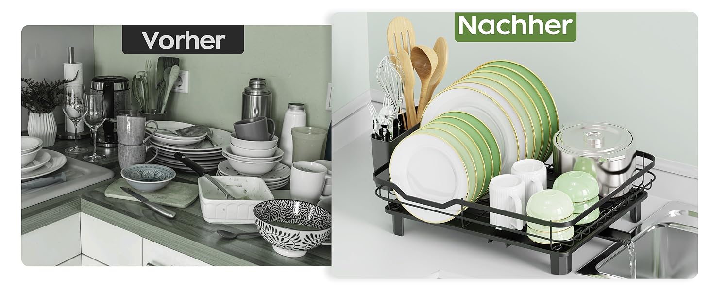 Сушарка для посуду ROTTOGOON розширювана, нержавіюча сталь, з висувним носиком та відділенням для столових приладів, чорна (1-рівнева)