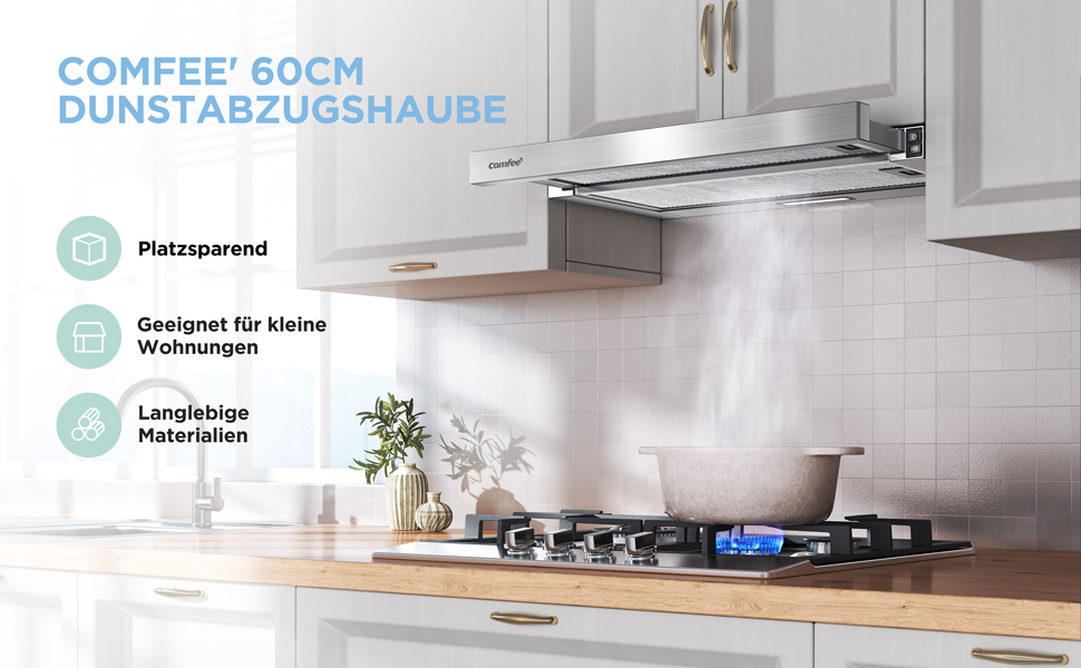 Витяжка кухонна COMFEE' CHL03M21S вбудована телескопічна, 60 см, відвід та рециркуляція, продуктивність 400 м³/год, срібляста, клас A++