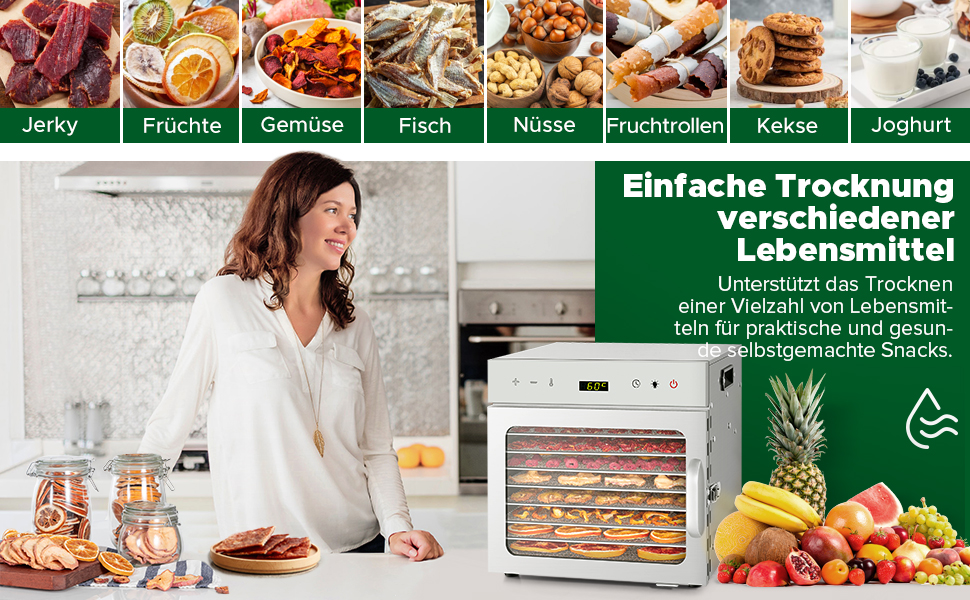 Електросушарка для овочів, м'яса та фруктів Kwasyo з нержавіючої сталі, 8 ярусів, 6 листів для сушіння, рецепти, без BPA, 30–90°C, до 24 год