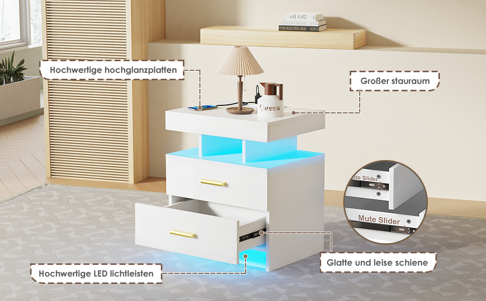 Тумбочка Lvhcmfohm з розеткою та світлодіодом, тумбочка з USB, 2 шухляди (50x40x58см, біла)