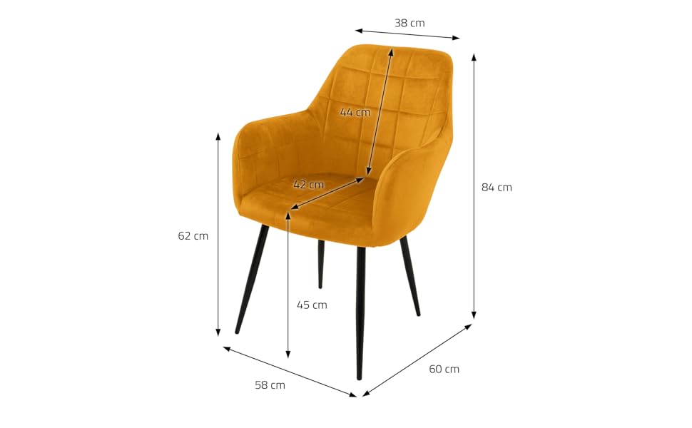 ECD Germany Комплект обідніх крісел (6 шт) з підлокітниками та спинкою, м'яке оксамитове покриття, металеві ніжки, ергономічні крісла для їдальні та вітальні, колір охра
