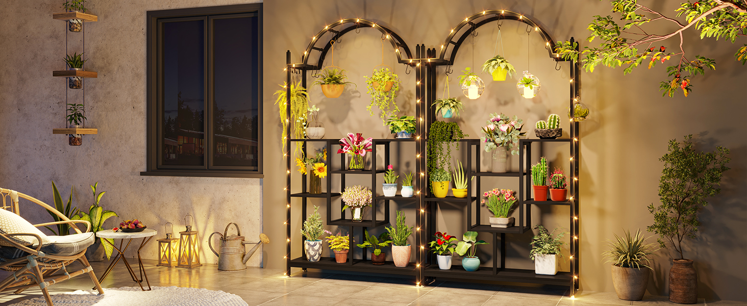 Плантатор Tribesigns з 5 полицями для дому, металева конструкція, полиці-арки з гачками, велика підставка для квіткових горщиків, для саду, балкону, вітальні, білий та сірий