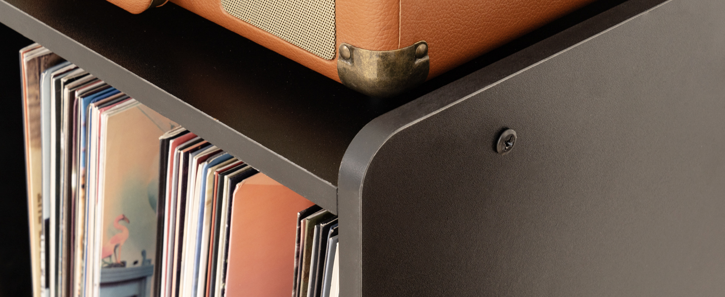 Стіл для програвача, стійка для вінілових програвачів середини століття з місцем для зберігання до 350+ платівок, шафа для вінілових платівок з регульованими полицями (високоякісний чорний)