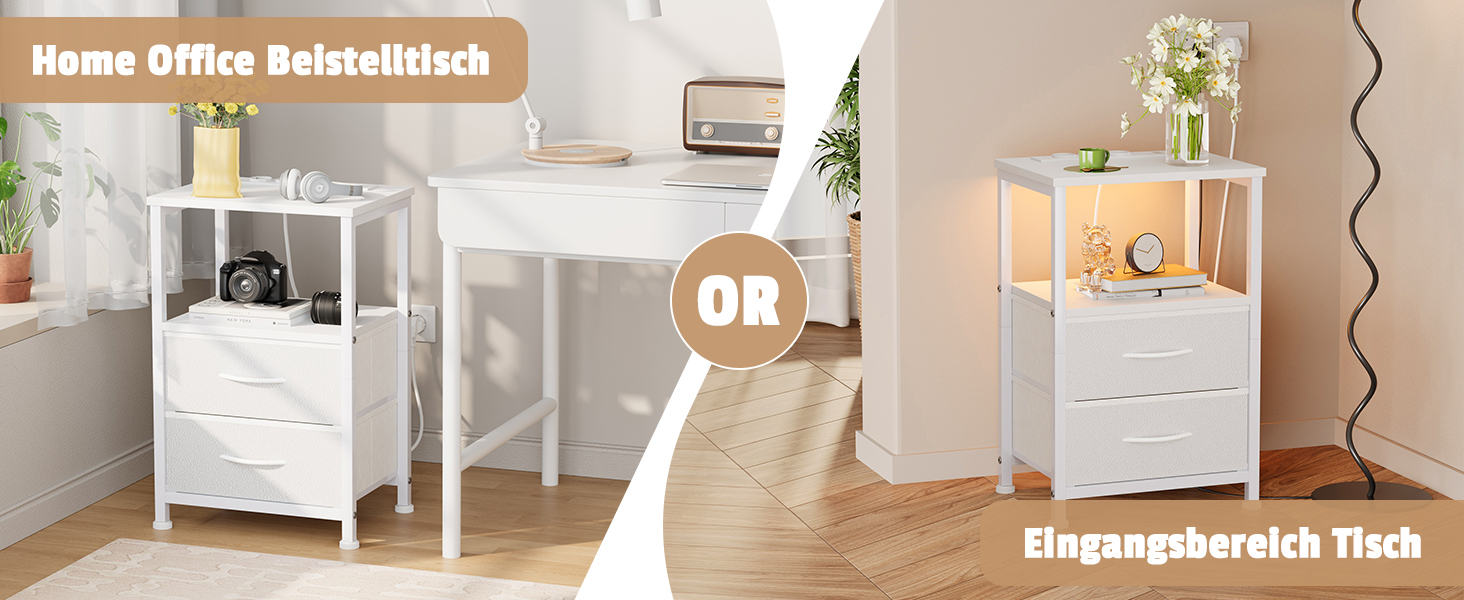 Нічний столик з LED-підсвіткою та функцією зарядки, з шухлядою, 3 розетки AC та USB, для вітальні/спальні (40T x 30B x 60H cm, Білий)