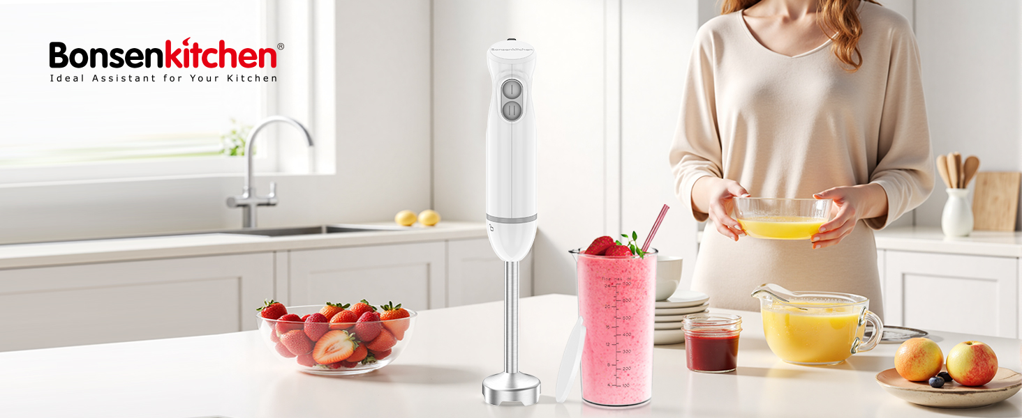 Блендер-подрібнювач Bonsenkitchen 2-в-1, 1000 Вт, нержавіюча сталь, 2 швидкості, з мірним стаканом 700 мл для дитячого харчування, супів, смузі та пюре