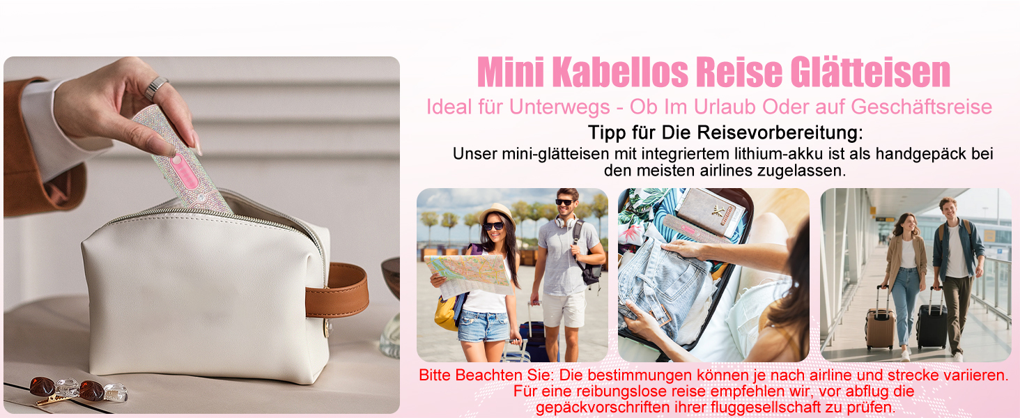 Бездротовий випрямляч для волосся Mini Glätteisen Titan з акумулятором 5000mAh, рожевий: 2-в-1 для випрямлення та завивки, портативний міні-випрямляч для подорожей з швидким нагрівом до 210°C