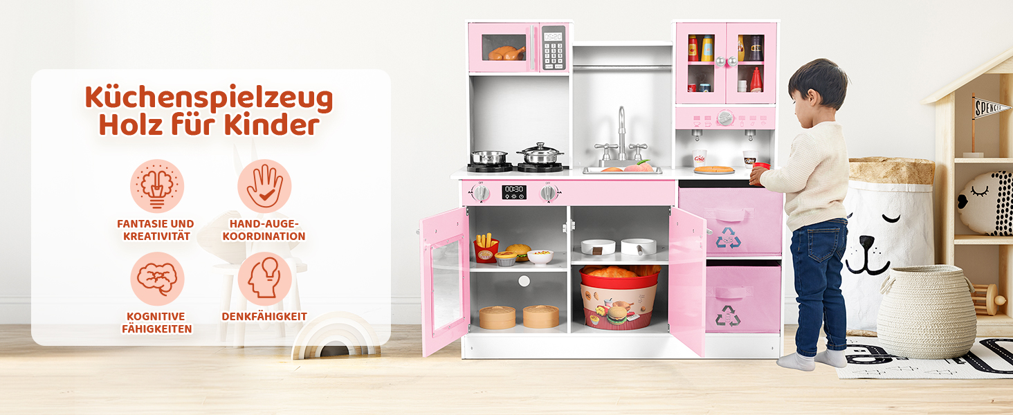 Дерев'яна дитяча кухня MAMIZO з підсвічуванням та звуком, іграшкова кухня для дітей, 90x30x90 см, з аксесуарами та 2 ящиками, іграшка для дітей від 3 років (Рожева)