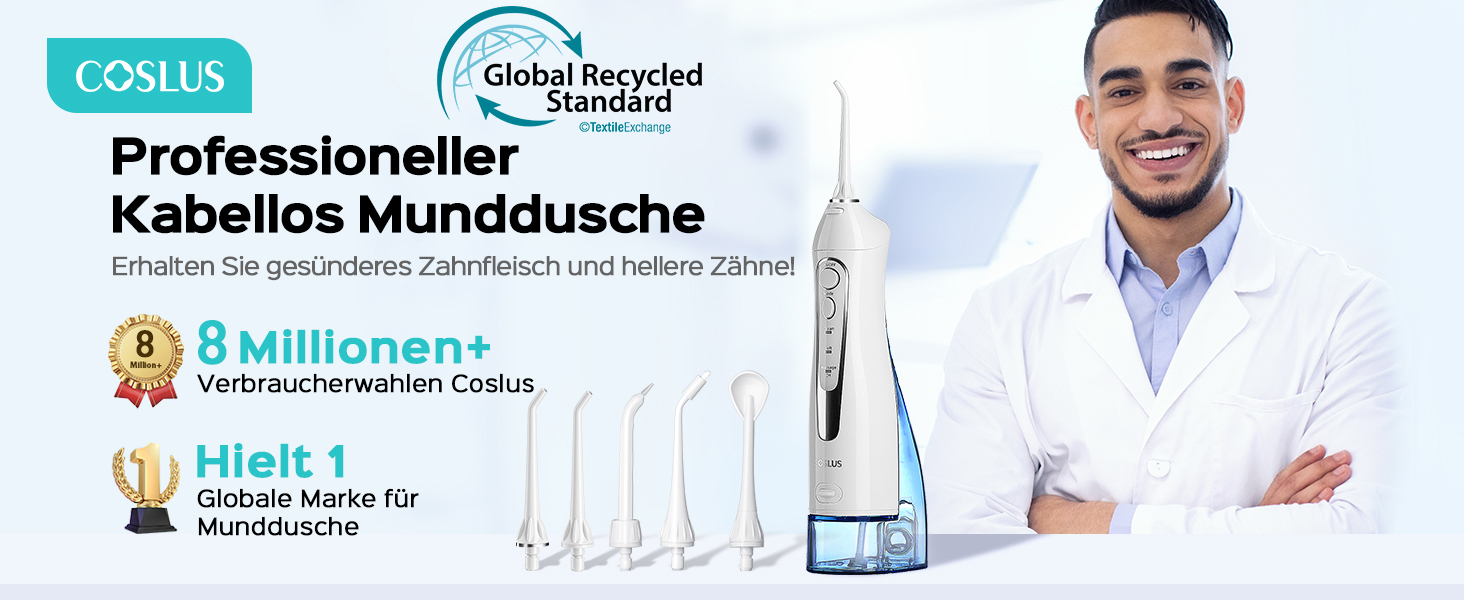 Бездротовий портативний душ COSLUS: 300 мл, IPX7, 5 насадок, для інтенсивного очищення та догляду за порожниною рота, ідеальний для подорожей