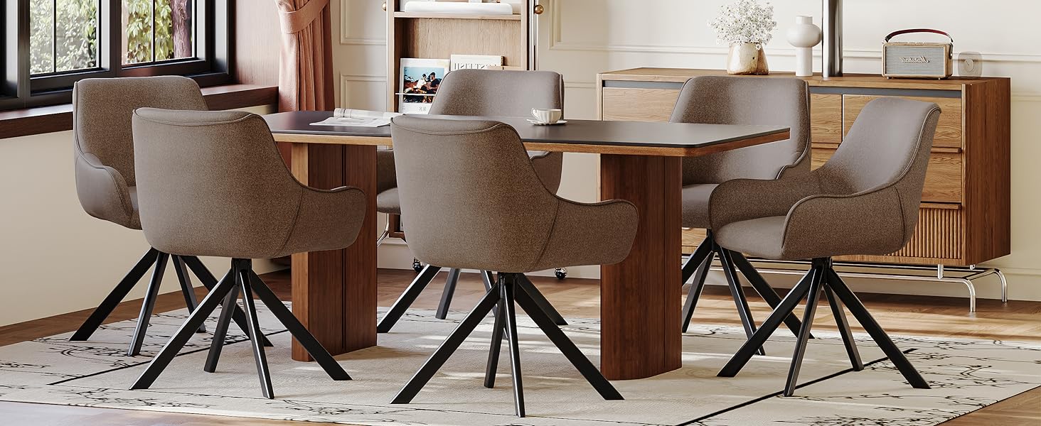 Обідні крісла поворотні 6 шт. з підлокітниками – 360° обертання, м'яке крісло з льону, сучасний поворотний стіл для кухні з металевим каркасом та спинкою для їдальні, вітальні, офісу, коричневий. 6 шт.