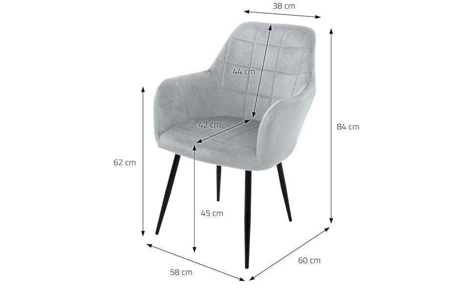 6 стільців для їдальні ECD Germany сірого кольору з підлокітниками та спинкою, м'яке крісло з велюровим покриттям, металеві ніжки, ергономічні стільці для кухні та вітальні