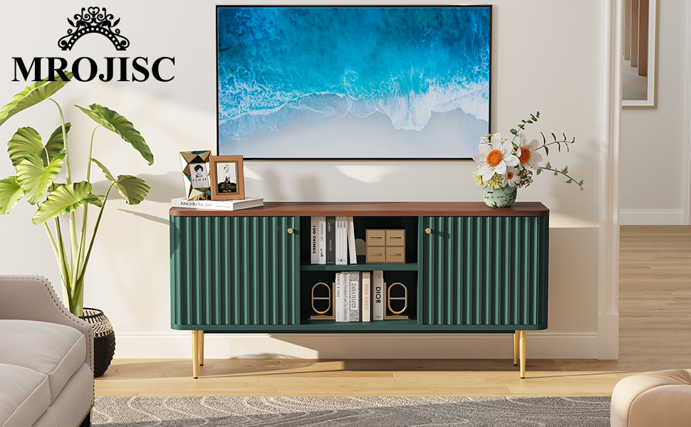 Тумба під TV з дерева з 2 дверцятами, зелена, для вітальні, спальні, їдальні - сучасний стиль