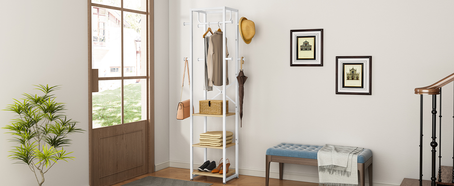 Підставка для одягу IBUYKE, вільного стояння, з 3 полицями та 8 гачками, індустріальний дизайн, для передпокою, коридору, спальні, 180 x 40 x 30 см, колір: натуральний та білий