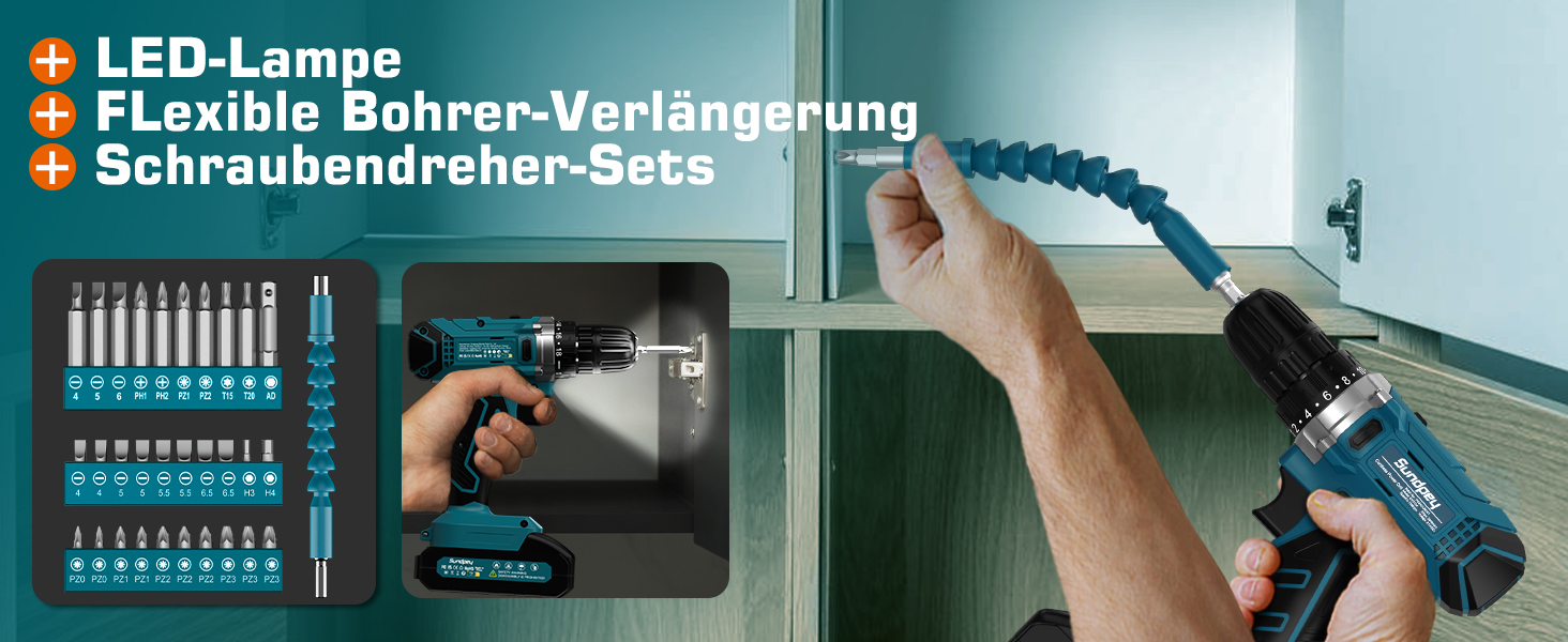 Набір інструментів Sundpey 255 предметів з акумуляторним дрилем-шуруповертом 21V, 2x2000mAh, синій - для дому та авто