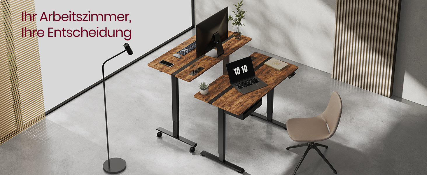 Електричний регульований стіл VASAGLE, 60 x 140 см, з пам'яттю висоти, розетками та ящиком, кольори: білий + горіх, LSD112W01