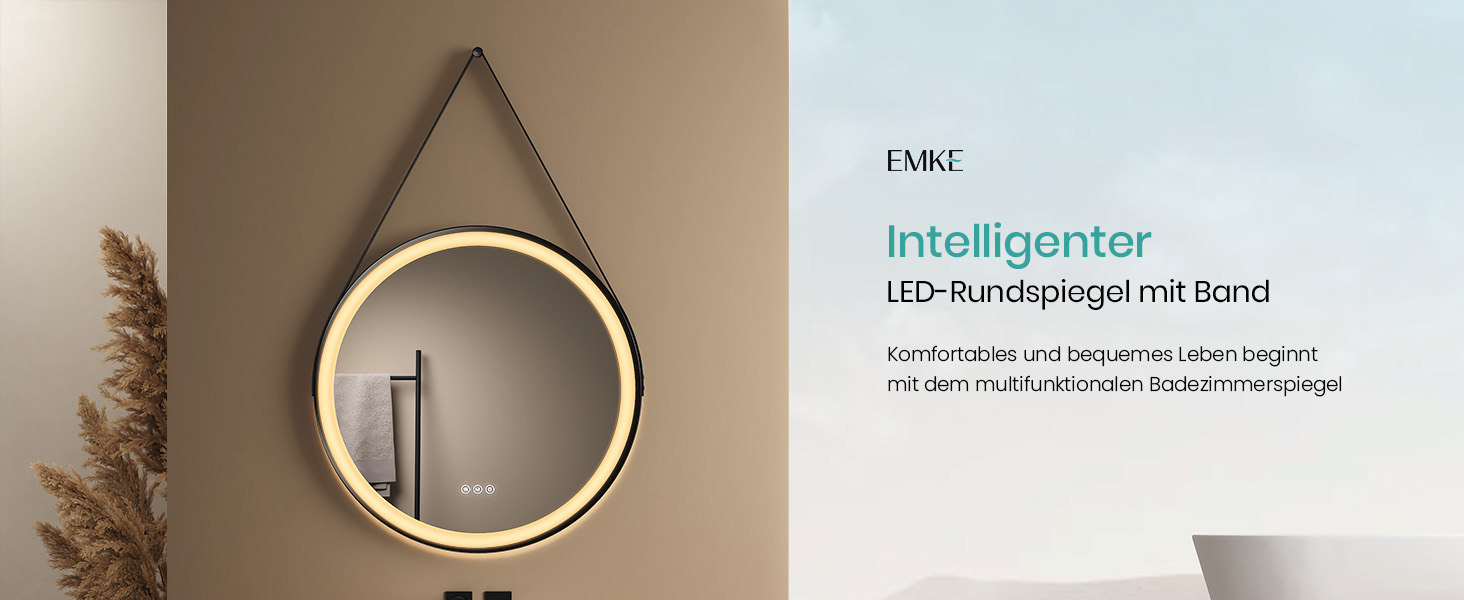 Дзеркало для ванної кімнати EMKE з підсвічуванням, діаметр 50 см, чорний каркас, регульована яскравість, 3 кольори світла, антизапар, сенсорне керування, функція пам'яті