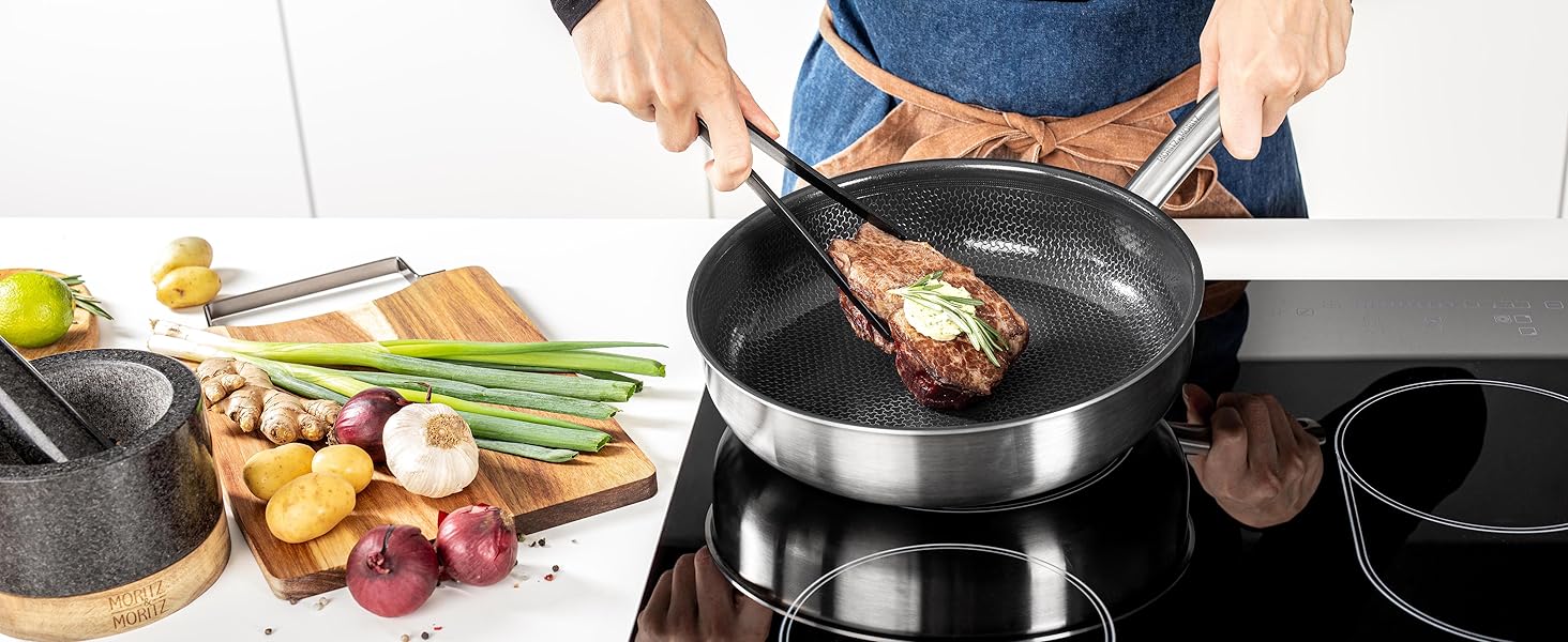 Пан з нержавіючої сталі Moritz & Moritz 28 см з керамічним покриттям нового покоління - підходить для всіх типів плит - антипригарна сковорода з вафельною структурою для приготування, смаження та тушкування